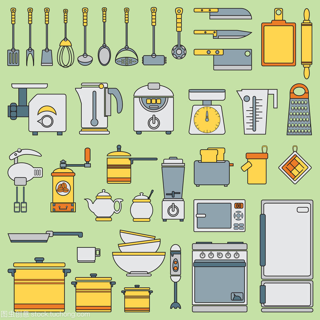 線平面向量廚具圖標集。餐具的工具?？ㄍL格。插圖和為您的設計元素。設備準備食物。廚房。家庭。烹飪。廚師。集合